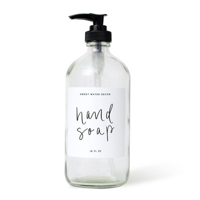 Sweet Water Decor Clear Glass White Script Label Hand Soap Dispenser ...