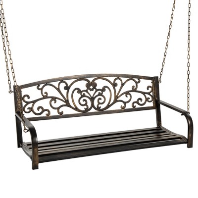 Best Choice Products 2-Person Metal Outdoor Porch Swing, Hanging Steel Patio Bench w/ Floral Accent - Bronze