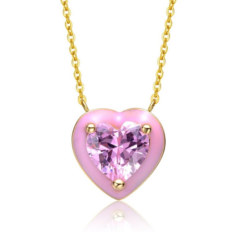 Guili Young Adults/Teens 14k Yellow Gold Plated with Pink Cubic Zirconia Pink Enamel Heart Dainty Pendant Layering Necklace., 1 of 3