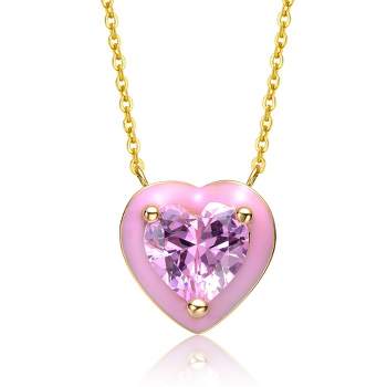 Guili Young Adults/Teens 14k Yellow Gold Plated with Pink Cubic Zirconia Pink Enamel Heart Dainty Pendant Layering Necklace.