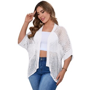 Women's Plus Size Hollow Out Asymmetrical Hem Cardigan Open Front Short Sleeve Lightweight Sweater - 1 of 4