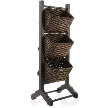 Casafield 3-Tier Floor Stand with Hanging Storage Baskets - Wood Tower Rack for Bathroom, Kitchen, Laundry, Living Room