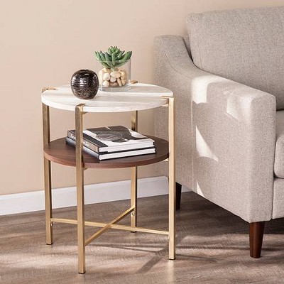 Amelia Round End Table with Faux Marble Top Brass - Aiden Lane