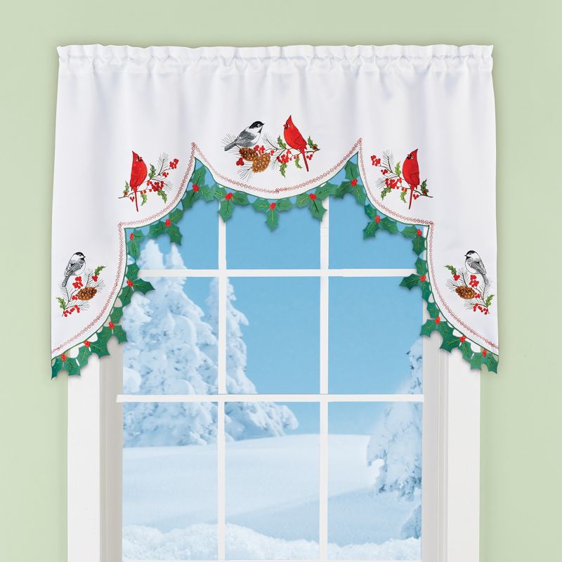Collections Etc Winter Birds Holly Border Rod Pocket Top Swag Valance 58" WIDE, 2 of 3