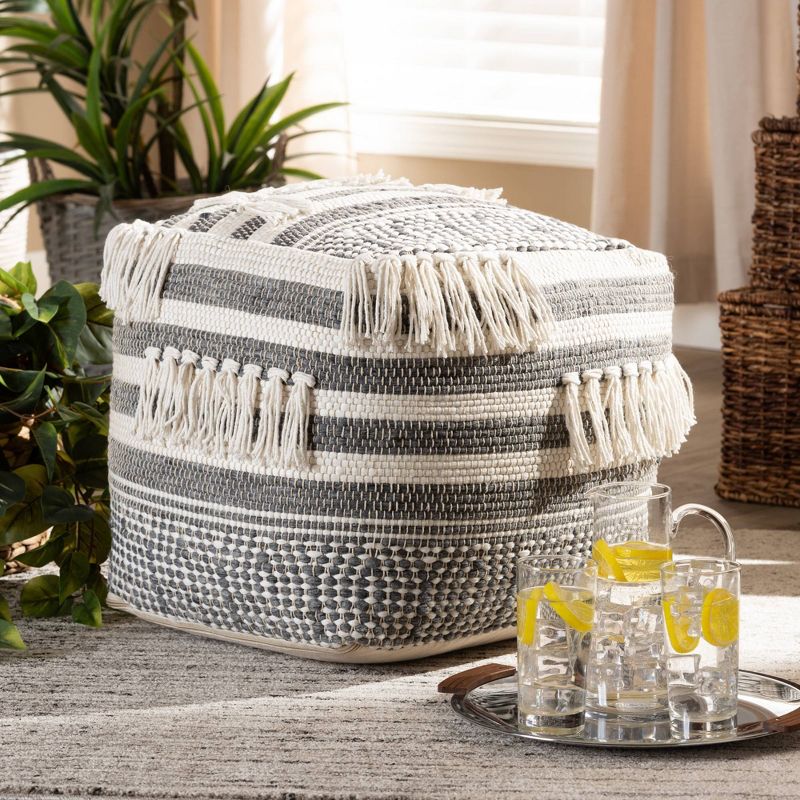 Kirby Handwoven Moroccan Inspired Pouf Ottoman Gray/Ivory - Baxton Studio, 4 of 8