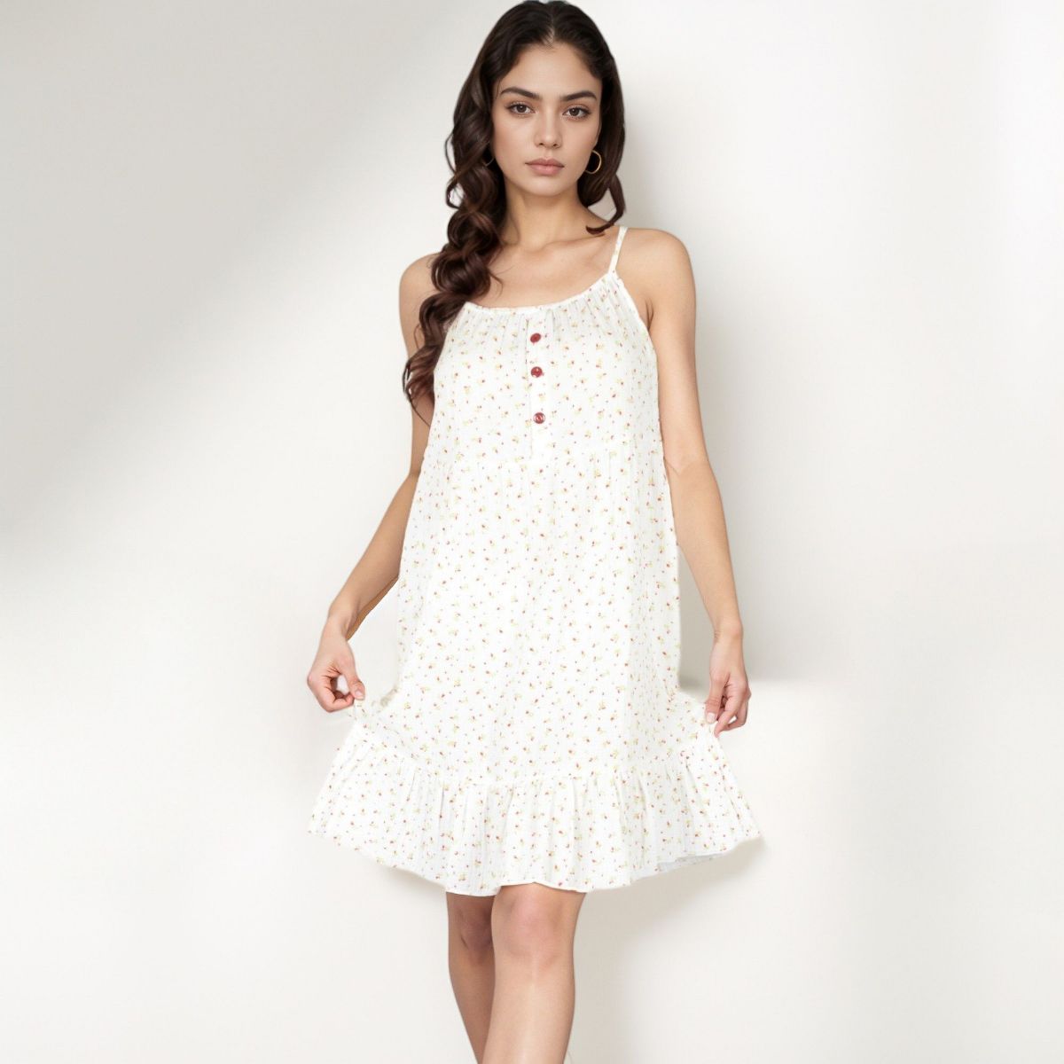 Anna-Kaci Women's Sleeveless Mini Floral Sleepdress with Button Front Detail and Ruffle Hem - thumbnail 2