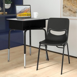 Emma and Oliver Desk/Chair Set with Metal Open Front Storage Box, Desktop, Metal Frame and Stackable Flex Comfort Classroom Chair - 1 of 4