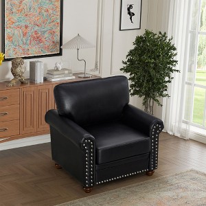 ORRD Modern Single Seat Chair with Wood Legs, Black Faux Leather Accent Chair with Nailhead Trim for Living Room, Comfortable Armchair - 1 of 4