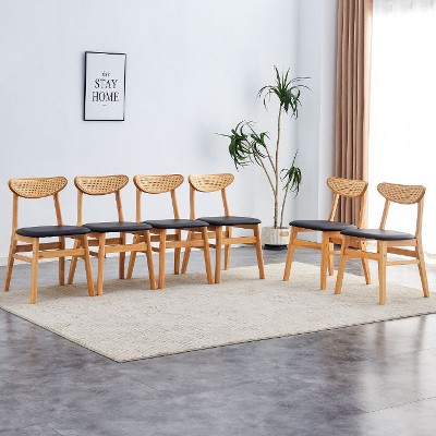 CAVINAS Rubberwood Dining Chair, Upholstered Side Chair with Rattan-Style Design, Small Curved Back, PU Cushion