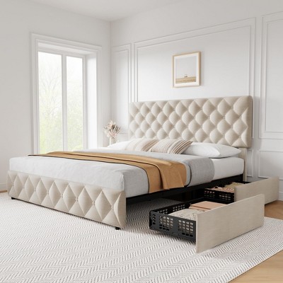 Garvee Full Size Bed Frame with 4 Storage Drawers and Headboard, Linen Upholstered Platform with Wooden Slats Support, No Box Spring Needed