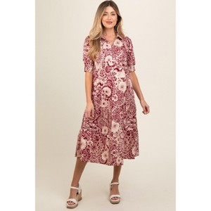 Pinkblush Burgundy Floral Collared Tiered Maternity Midi Dress - 1 of 4