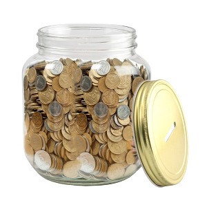 Cornucopia Brands Large Glass Coin Bank Jar, Half Gallon Clear Piggy Bank w/ Gold Slotted Lid - 1 of 4