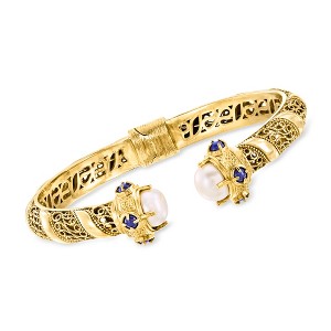 Ross-Simons 8-8.5mm Cultured Pearl Cuff Bracelet With Lapis in 18kt Gold Over Sterling Size 7 - 1 of 3