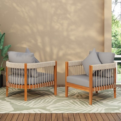 Set of 2 Boho Acacia Wood Outdoor Club Lounge Chairs with Rope Accents and Cushions for Porch or Garden-Cuddlewood