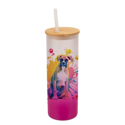 100 North 25 Ounce Frosted Glass Gradient Travel Tumbler With Straw & Wooden Lid, Boxer Dog Paint Splatter Pink