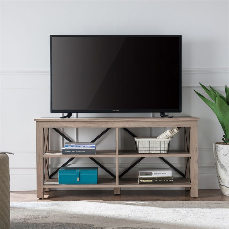 50" Open Back TV Stand in Gray Oak Wood with Metal Black Accents - Henn&Hart, 4 of 9
