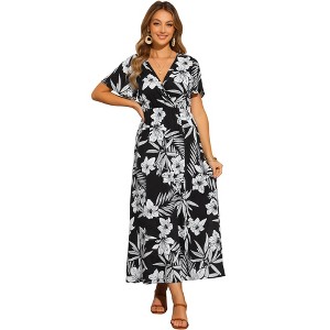 INSPIRE CHIC Women's Short Sleeve Slit Wrap V Neck Midi Floral Long Dresses - 1 of 4