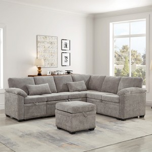 97"W L-Shaped Corner Sectional Sofa Couch with Storage Ottoman, 7-Seat Chenille Fabric Corner Couch with 2 Pillows for Living Room - ModernLuxe - 1 of 4