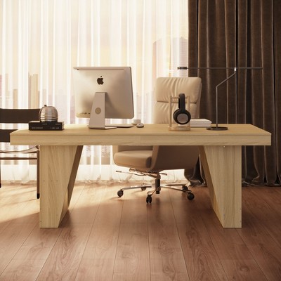 FUFU&GAGA Light - toned Wood Office Desk: Spacious Workspace, Stable Design, Storage Function