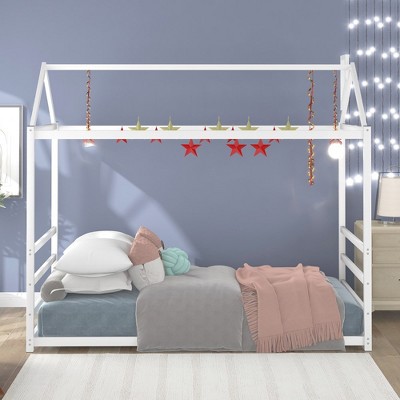 Twin Size Metal Platform Bed With House-shaped Roof, Chimney, Easy Assembly Platform Bed Frame, Twin Bed Frame, For Toddlers Kids Teens Bedroom