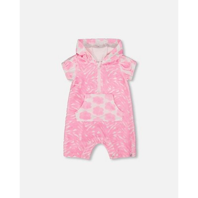 Deux par Deux Girl Printed Terry Romper with Hood Vibrant Pink and White