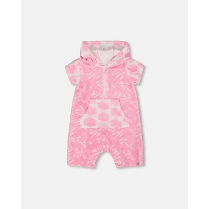 Deux par Deux Girl Printed Terry Romper with Hood Vibrant Pink and White - 1 of 3