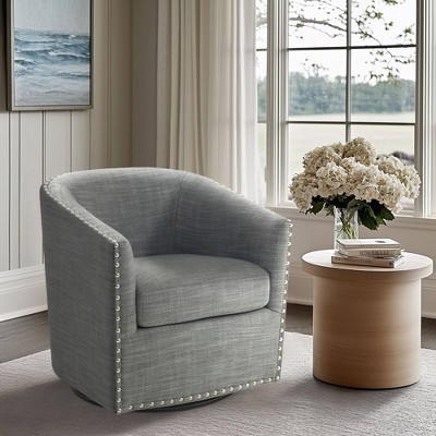 Elegant Gray Barrel Swivel Lounge Chair with Silver Nailheads