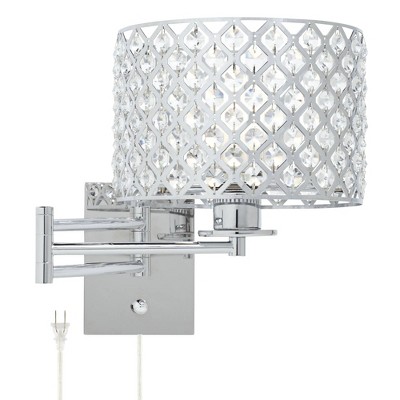 Possini Euro Design Modern Swing Arm Wall Lamp Chrome Plug-In Light Fixture Clear Crystal Lattice Drum Shade Bedroom Living Room