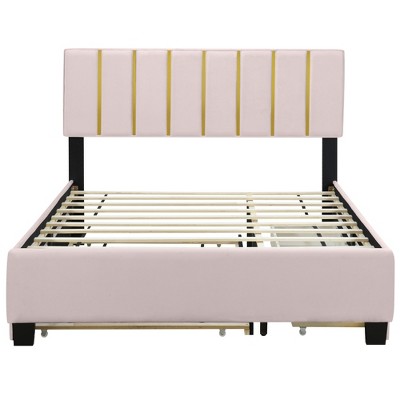 HomeRoots Pink Tufted Velvet Upholstered Queen Bed Frame With Trundle And Drawers
