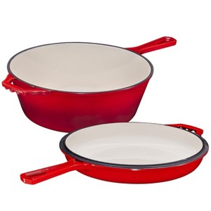 Bruntmor 2-in-1 Black Dutch Oven & Skillet Set: 3 Quart Burgundy Enamel Cast Iron Cookware for Casserole Dish & Crock Pot, 3 Quart - 1 of 4