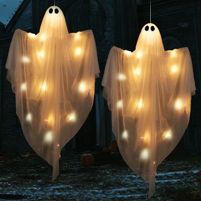 Joyfy 47” Halloween Hanging Ghost Outdoor Decoration, Flying Ghosts with Warm LED Light Party Decor Prop for Front Yard Patio Garden 2 Pack