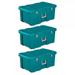 Sterilite 16 Gallon Lockable Storage Tote Footlocker Toolbox Container Box with Wheels, Metal Handles, and Latches, Teal with Gray Clips (3 Pack)