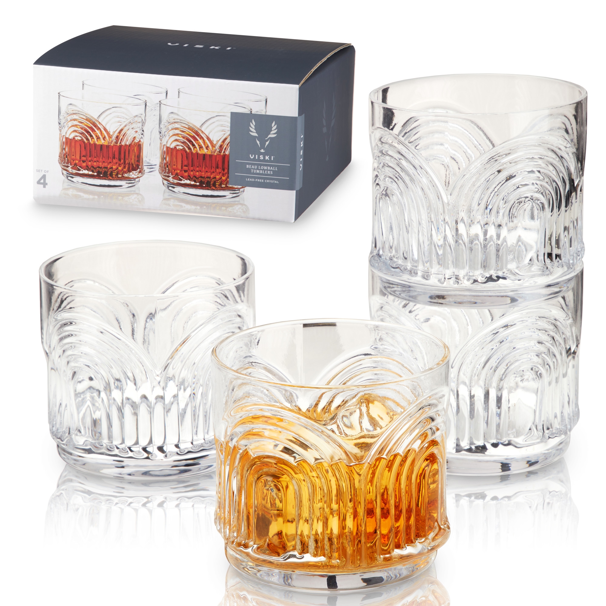 Viski Beau Lowball Glasses Set of 4 - Vintage Drinking Tumblers for Whiskey, Scotch & Bourbon, 11oz Double Old Fashioned Crystal Drinking Set