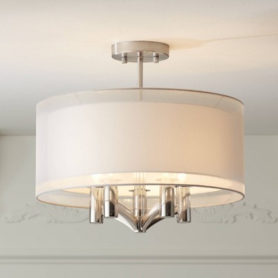 Elegant Brushed Nickel 21" Semi-Flush Ceiling Light with Sheer Silver Double Drum