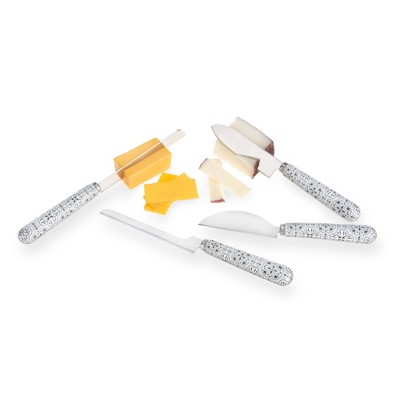 Twine 4 Piece Cheese Knives Set with Ceramic Tile Pattern Handles, For Hard and Soft Cheese, Bread and More, Stainless Steel Blades, White