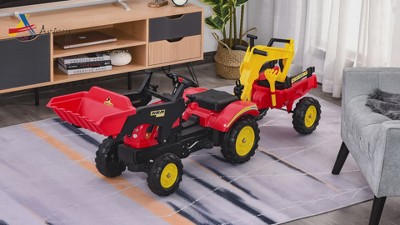 Aosom Red and Yellow Kids Pedal Ride-On Excavator with Detachable Trailer