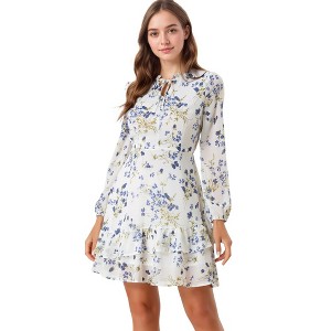 INSPIRE CHIC Women's Summer Floral Layered Tie V-Neck Semi-Sheer Long Sleeve Mini Dress - 1 of 4