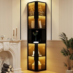 ELECWISH Glass Display Cabinet with LED Lights, 78'' Tall 5-Tier Corner Display Curio Storage Shelf for Toys, Books, Black - 1 of 4