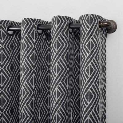 Black Geometric Polyester Blackout Grommet Curtain Panel