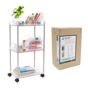 J&V TEXTILES 3 Tier Acrylic Rolling Cart with Wheels, Utility Storage Cart with Handle and Lockable Casters, Storage Basket Organizer Shelves - 1 of 4