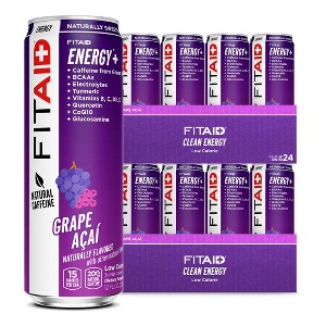 FITAID ENERGY Grape Acai, 200mg Natural Caffeine plus BCAAs, Quercetin, Electrolytes, Omega-3s, only 15 Calories 12 Fl Oz (Pack of 24) - 1 of 4
