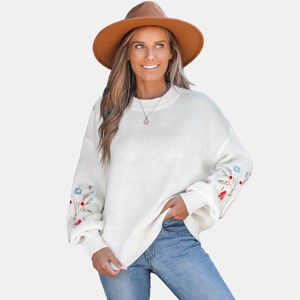 Women's White Floral Embroidered Long Sleeve Sweater - Cupshe - 1 of 4