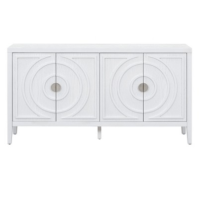 Hostack Retro Sideboard with Circular Groove Design, Round Metal Door Handle for Entrance, Dinning and Living Room, White