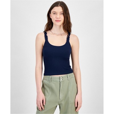 Hippie Rose Womens Ribbed Ruffled Strapped Tank Top, Blue, Medium