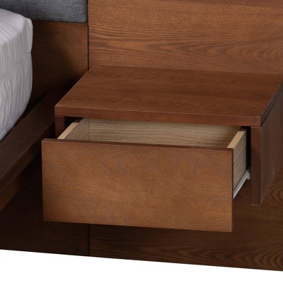 Gray and Walnut Queen Upholstered Wood Platform Storage Bed