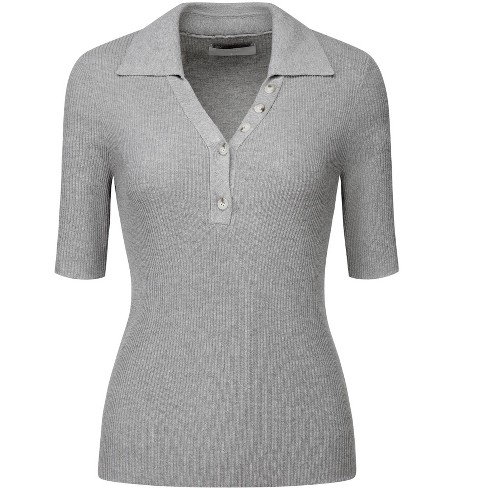 Hobemty Women's Flap Collar V Neck Short Sleeve Fitted Ribbed Knit Blouse  Gray XX-Large