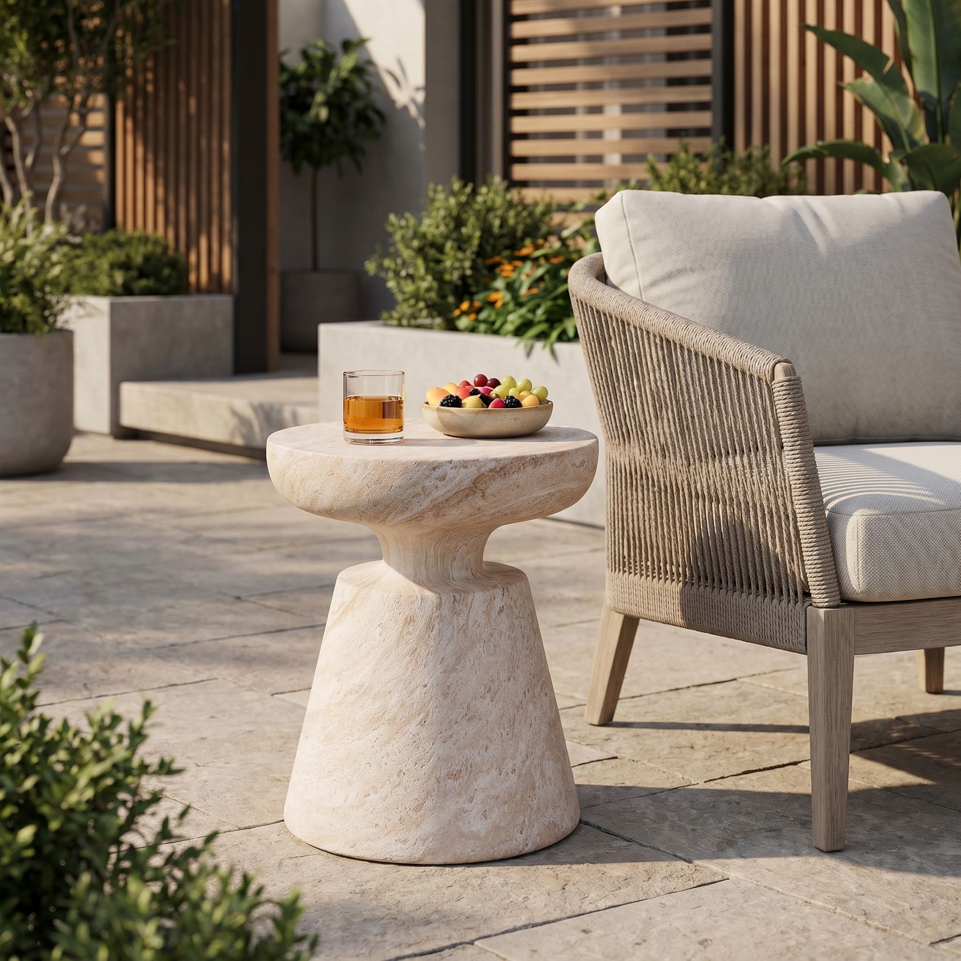 ModernLuxe Patio Side Table Accent Table, Sculptural Pedestal End Table, Lightweight Concrete MGO Table, Indoor/Outdoor Use, Beige