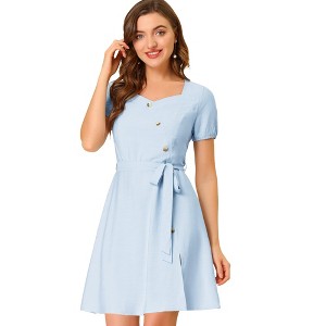 Allegra K Women's Sweetheart Neck Button Decor Smocked Back Belted Dress - 1 of 4