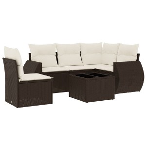 vidaXL 6 Piece Patio Sofa Set with Cushions Beige Poly Rattan - Brown and cream Without table - 1 of 4