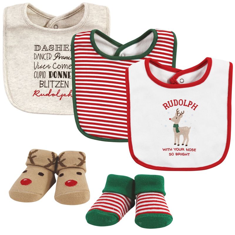 Hudson Baby Unisex Baby Cotton Bib and Sock Set, Rudolph, One Size, 1 of 6